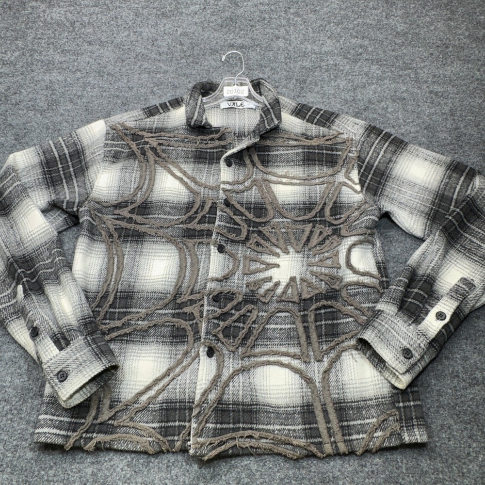 Vale Flannel Shirt Mens Medium Black White Spiderweb Distressed Y2K